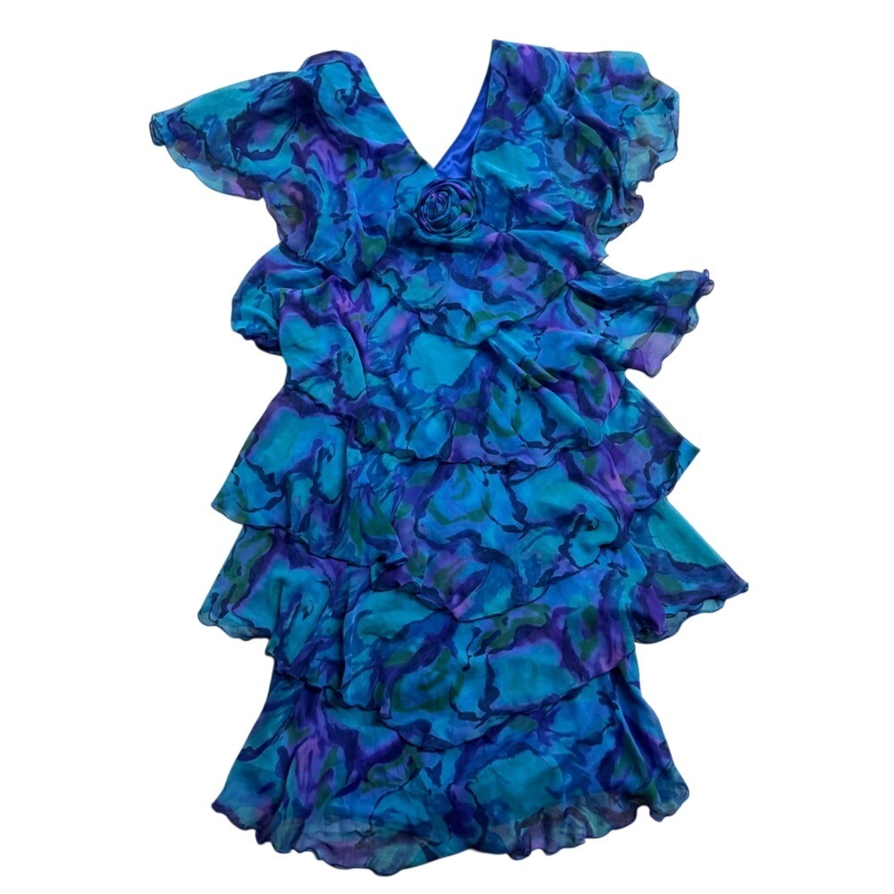 Cattiva VTG Blue Tiered Ruffle Rose Flutter Boho Mini Dress S/M Boho Y2k Retro
